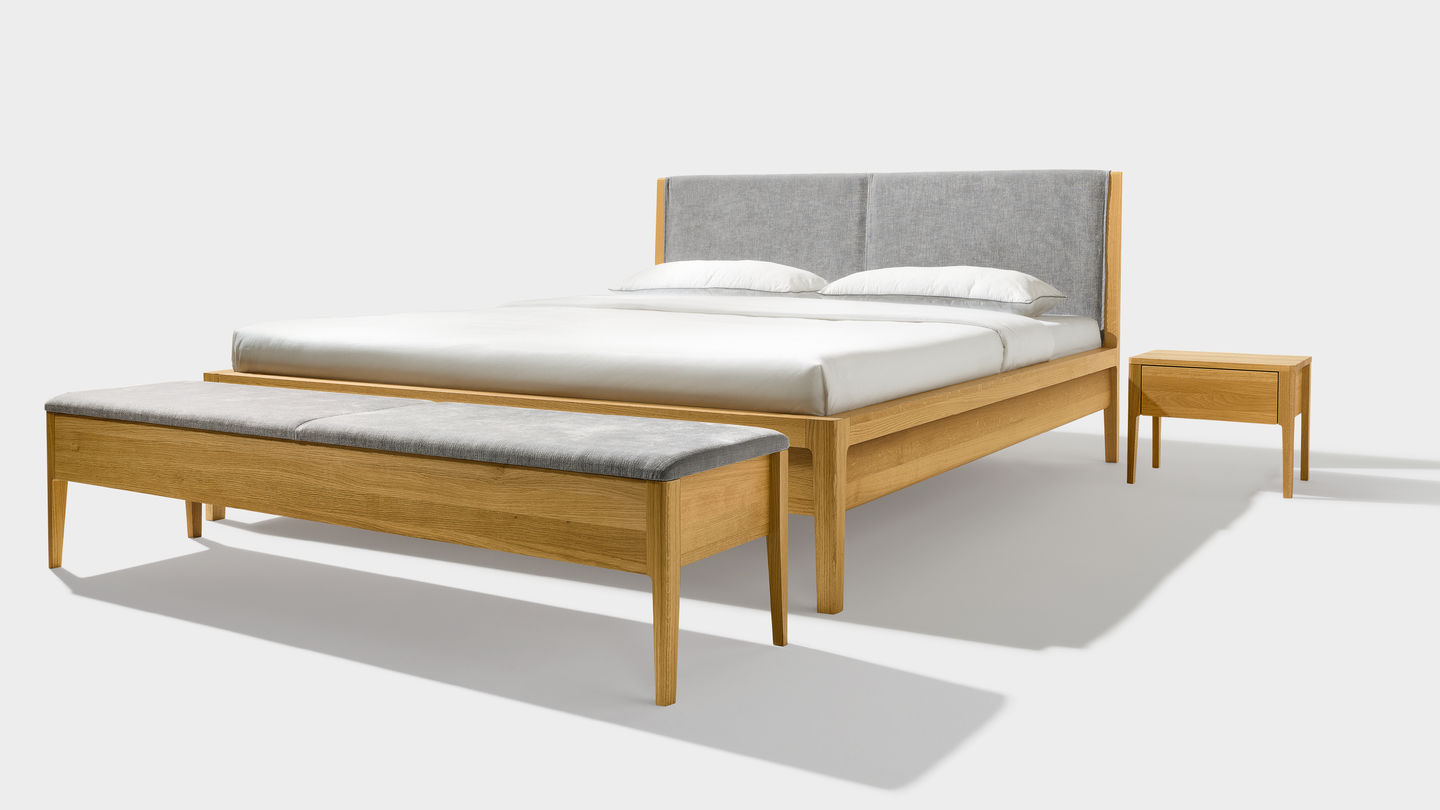 mylon bed with bedside cabinet and bench with storage space