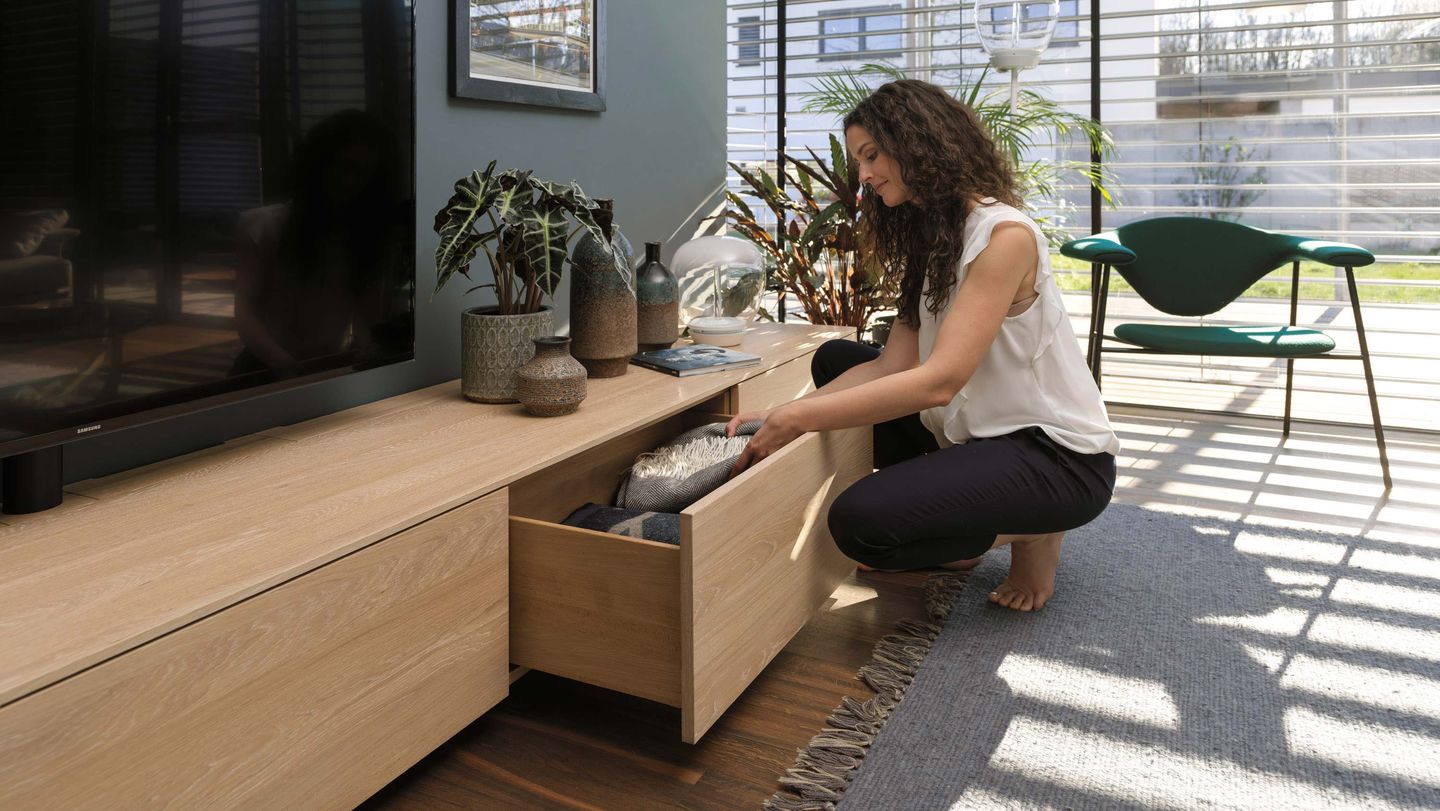 filigno wall unit with open drawer in oak white oil by TEAM 7