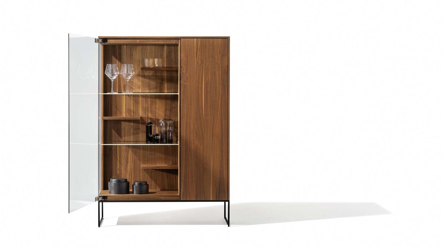 filigno glass cabinet with lighting in walnut by TEAM 7