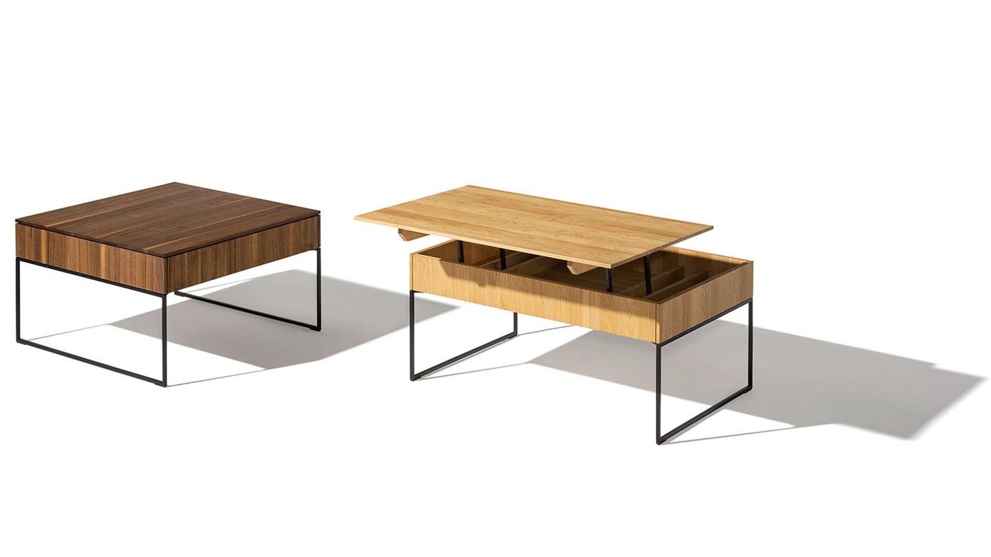 filigno coffee tables with folding mechanism in walnut and oak by TEAM 7