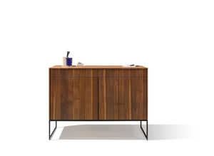 front view: filigno writing desk with monitor lift in walnut with metal frame base in matt black by TEAM 7