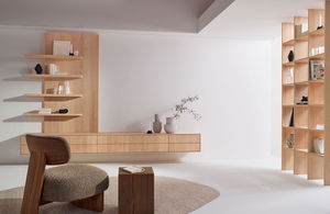 filigno wall unit in alder white oil and elliot lounge chair in walnut natural oil