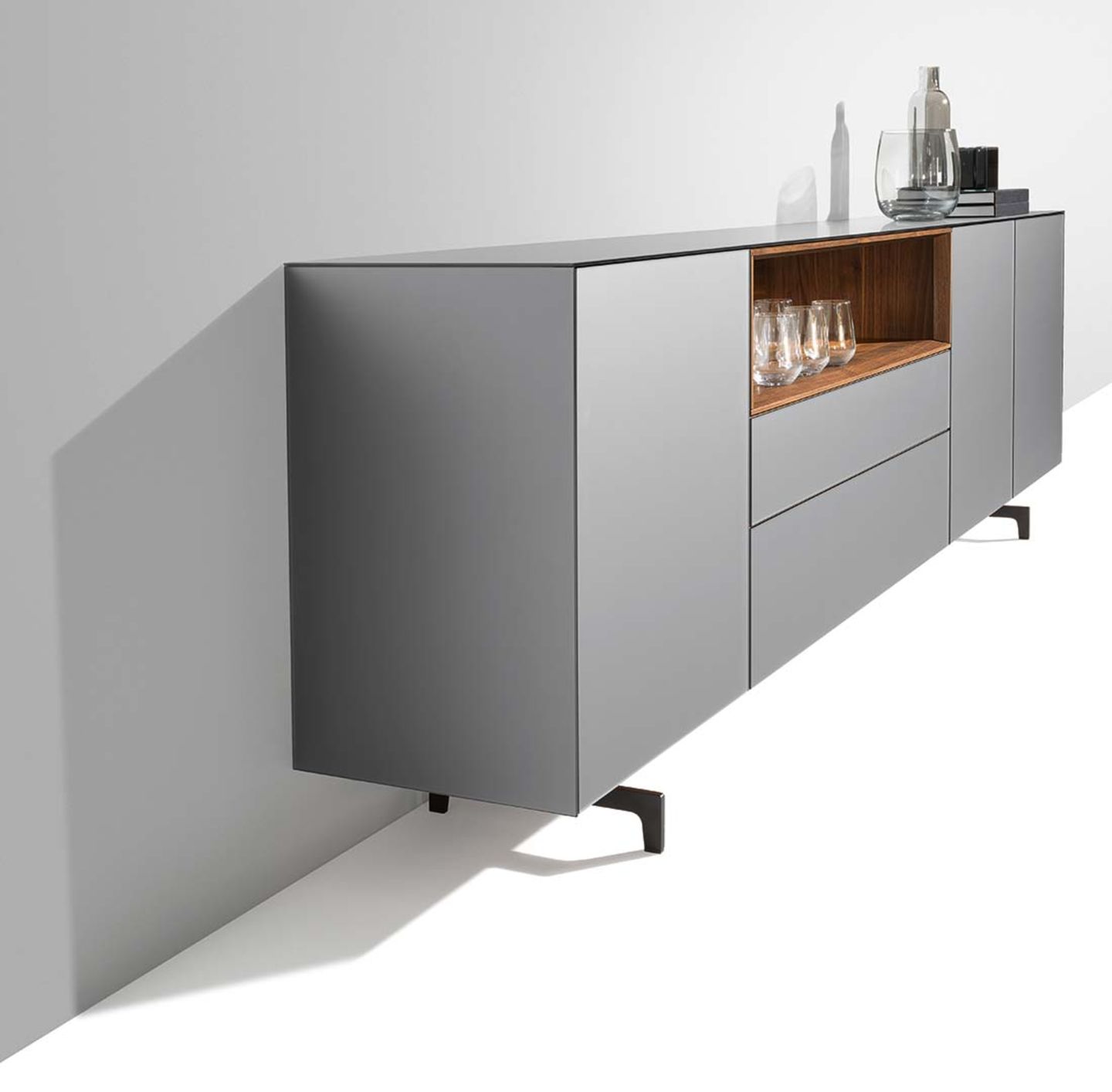 cubus pure sideboard in walnut, matt steel glass, from the side