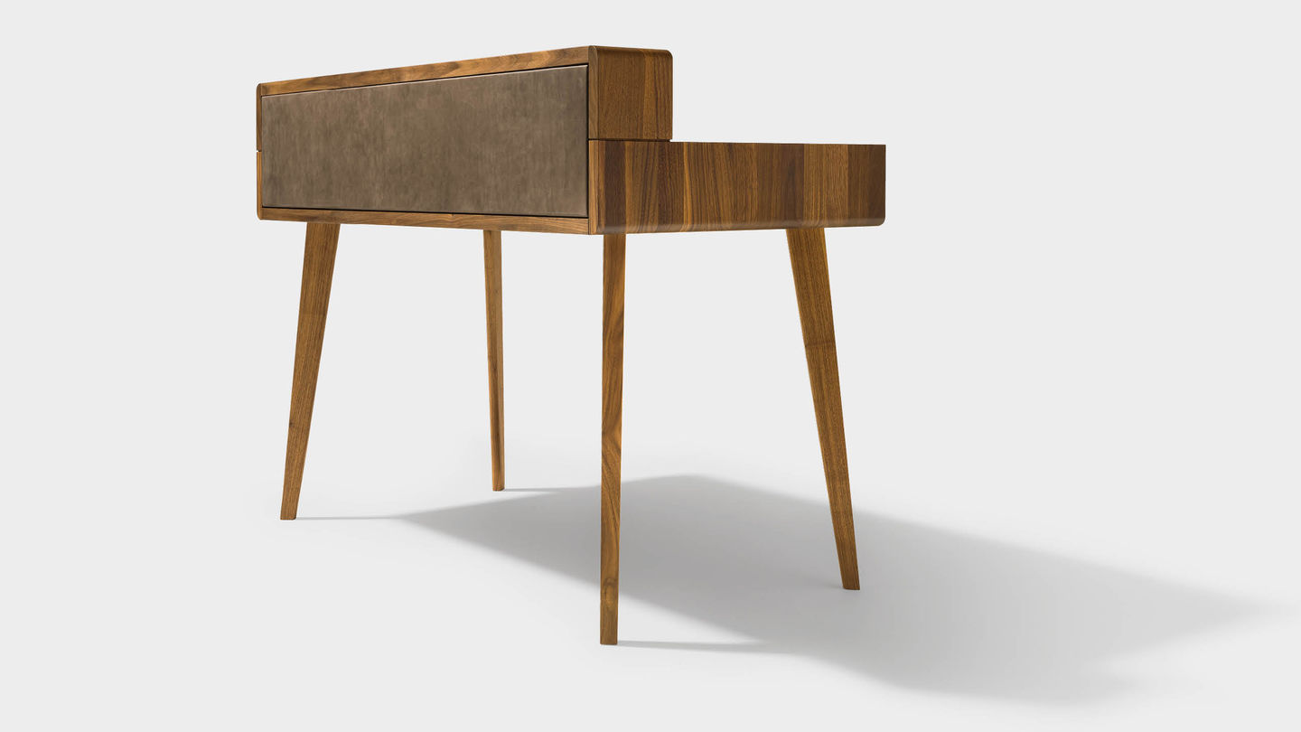 Bureau design sol en noyer vu de derrière