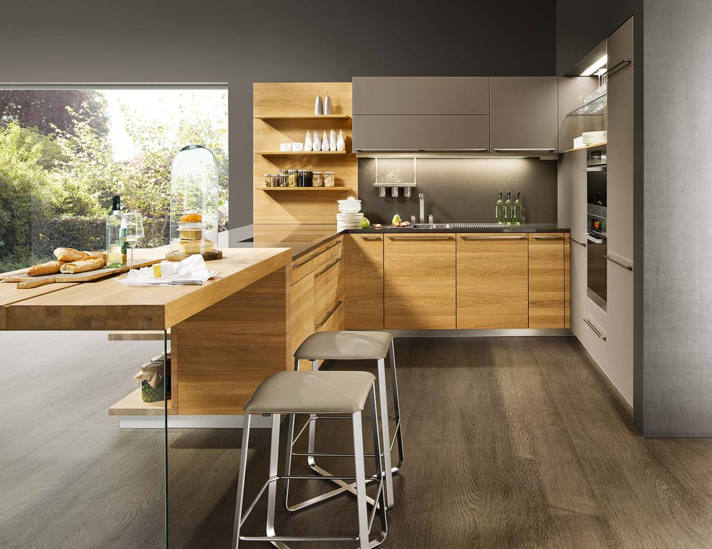 Cucina linee in legno massello con sgabello bar ark