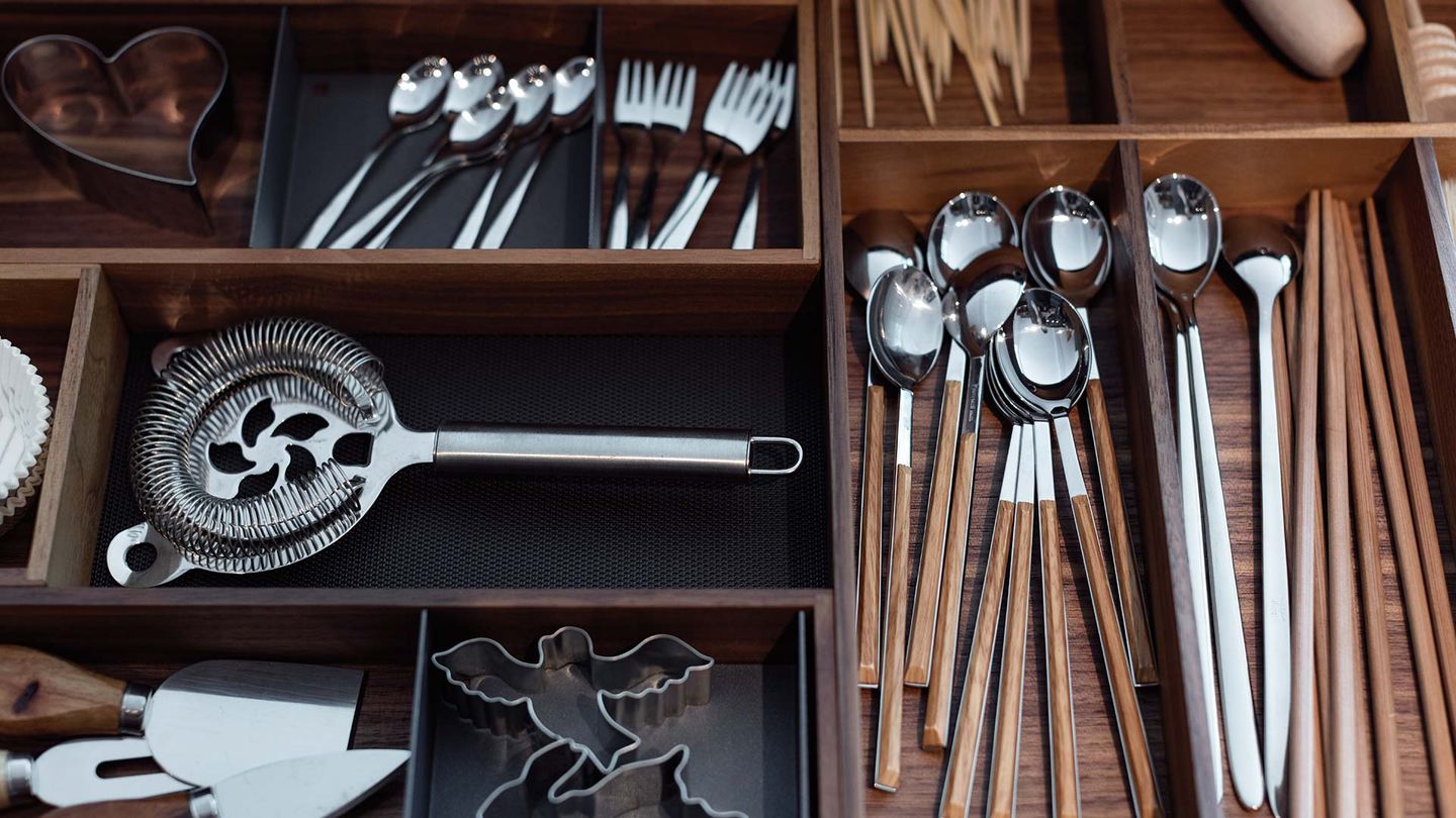 black line solid wood kitchen with practical interior layout of the drawer