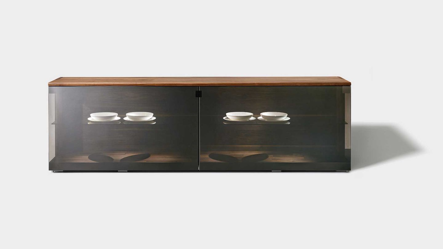 nox sideboard in walnut with palladium glass