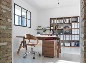 rayonnage cubus, noyer, avec chaise girado, bureau atelier et caisson cubus