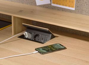 pisa desk with flush media flap with power suckets and USB connections