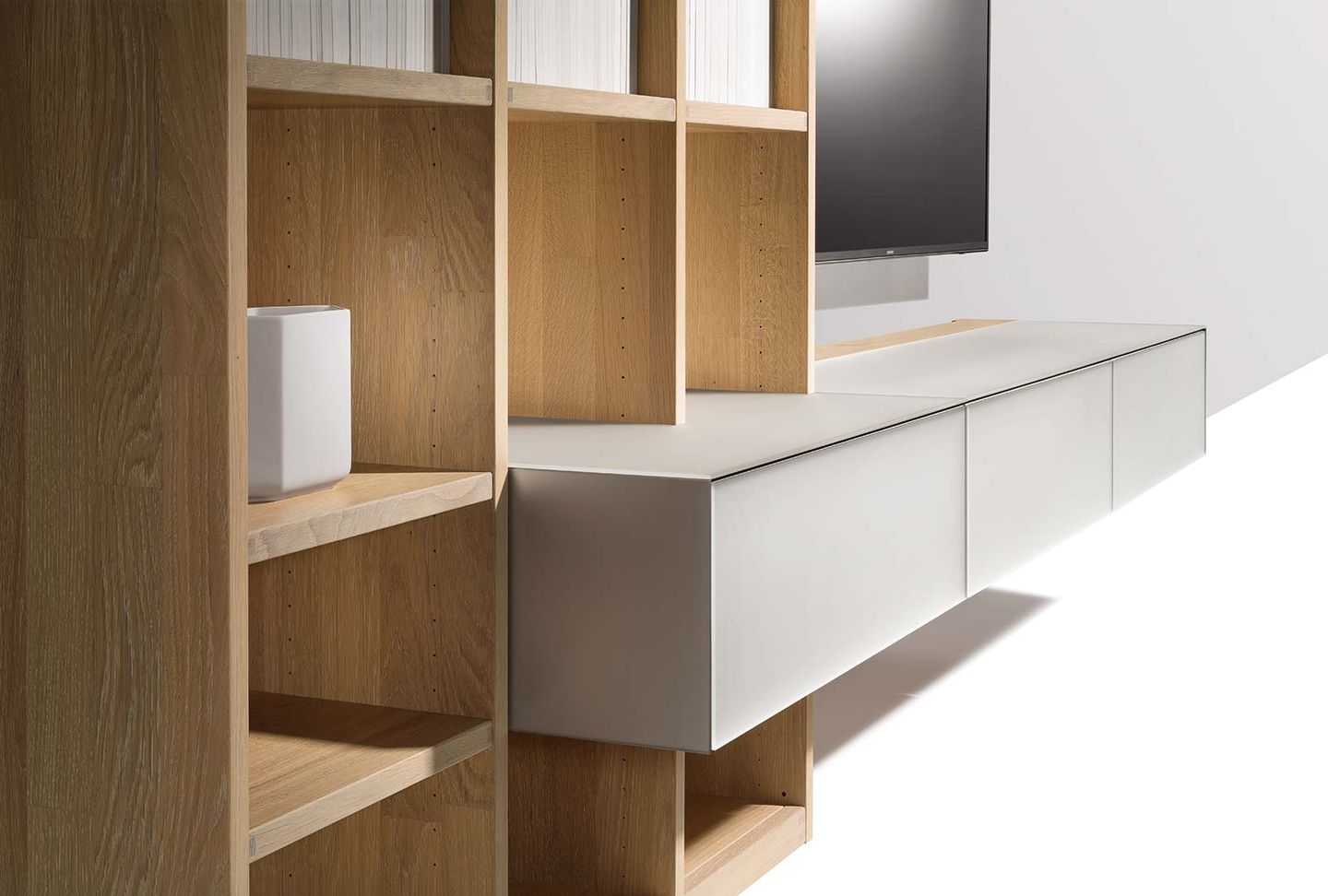 detail of cubus pure wall unit with different depths and glass