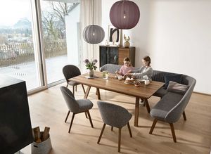 flor corner bench with flor chairs and taso table in walnut