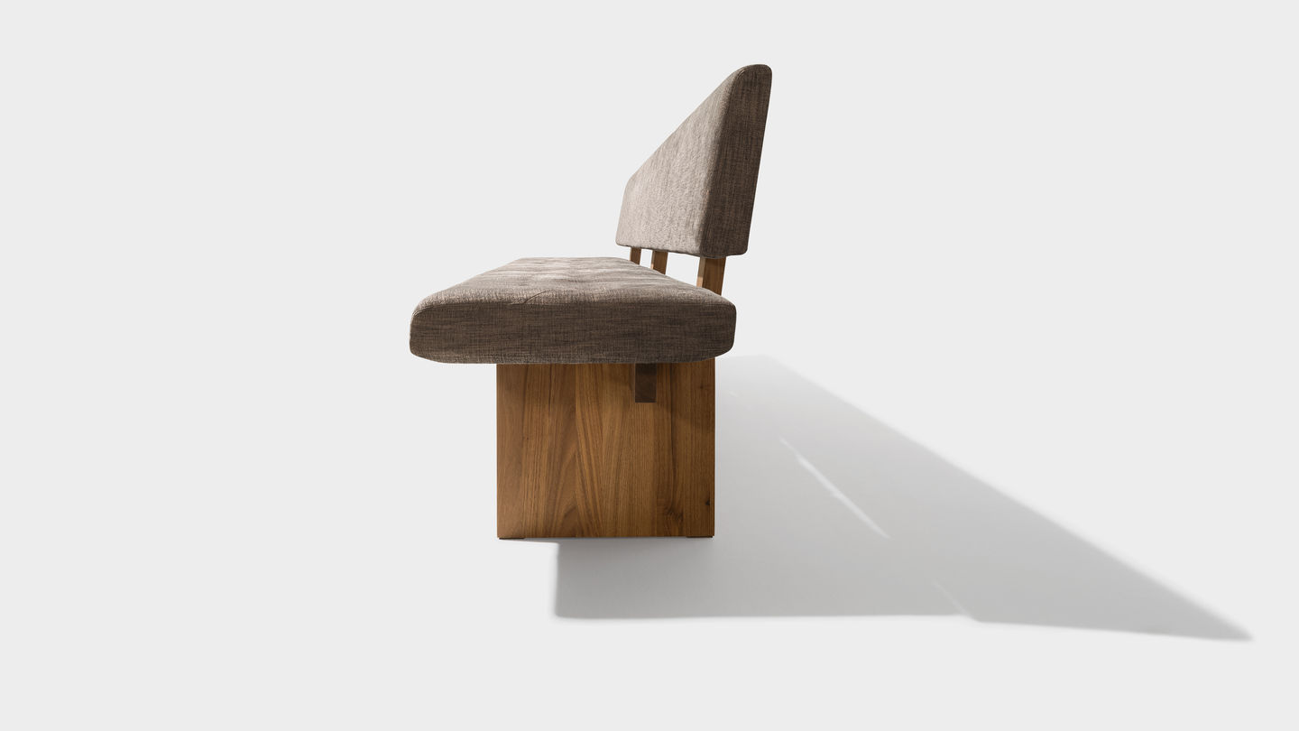 yps bench in fabric made of walnut solid wood from the side