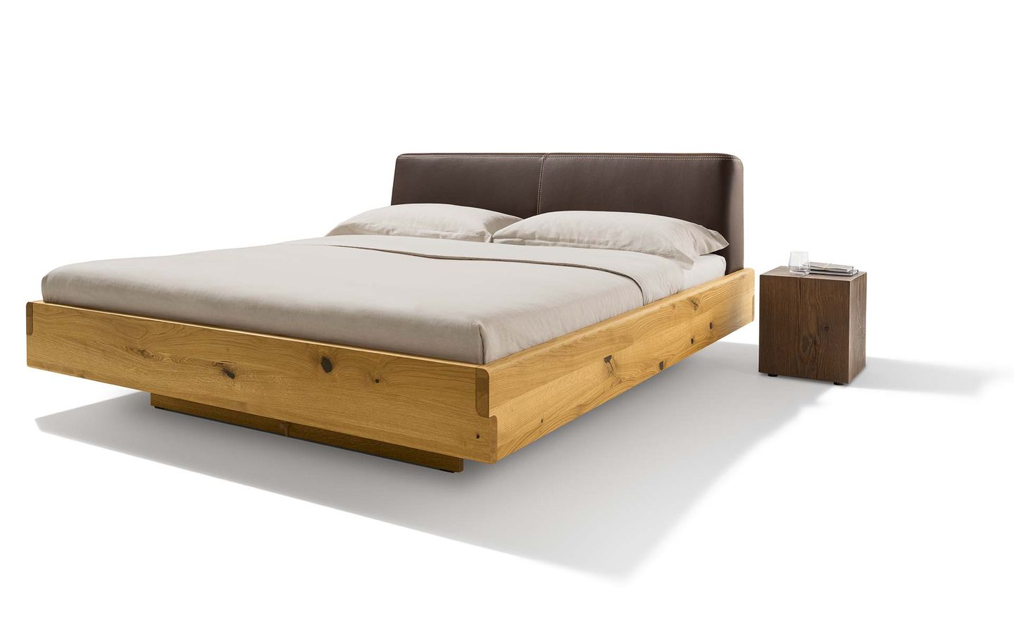 nox solid wood bed with leather headboard