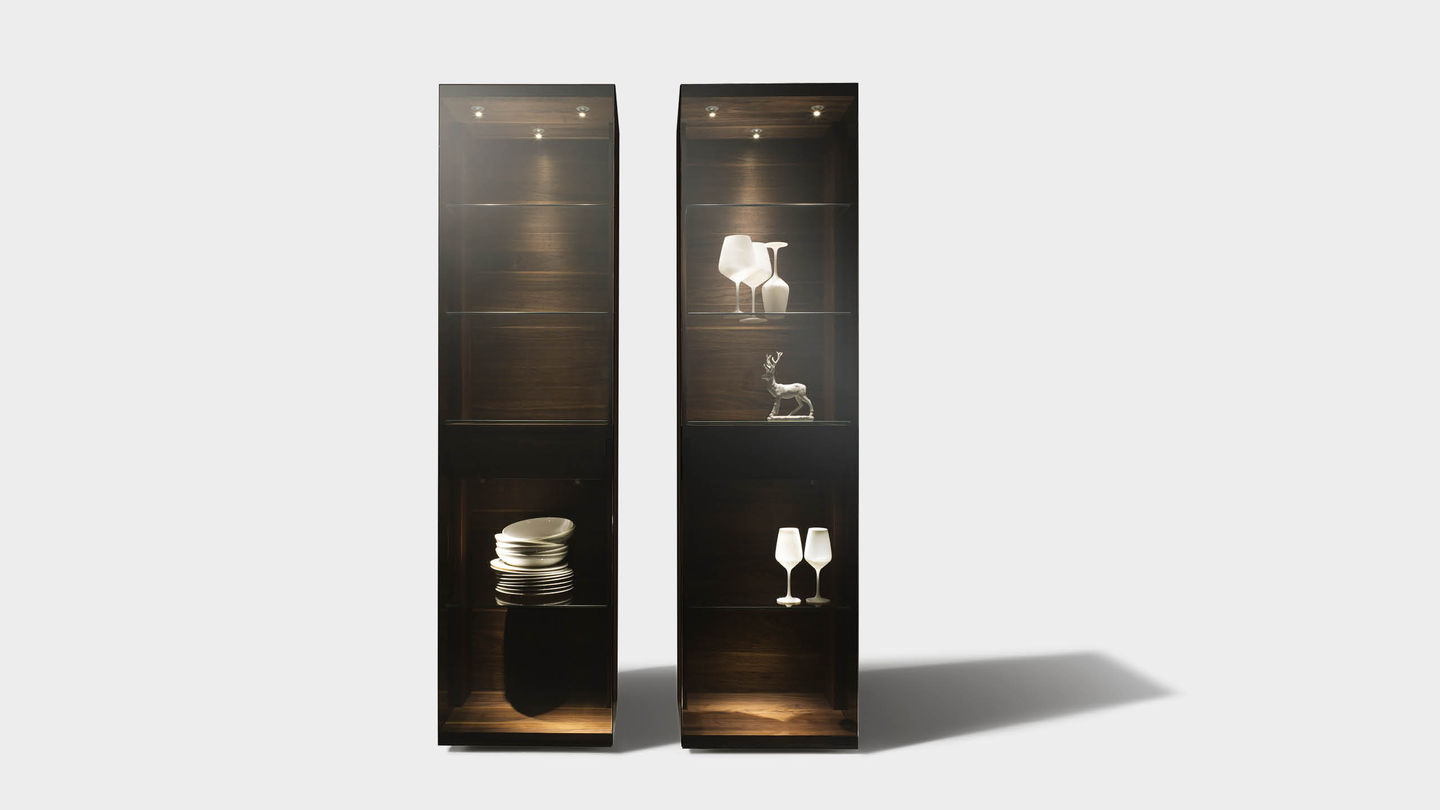 nox glass cabinet made of solid wood with palladium glass in different widths