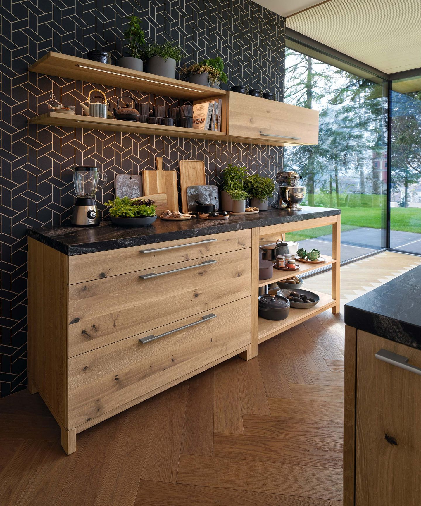 Part of the loft kitchen with shelf and wall unit