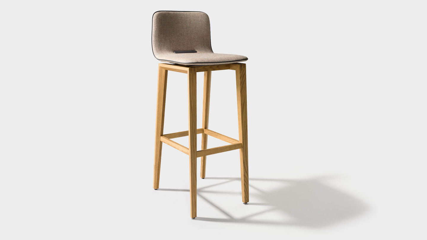 ark bar stool in fabric with wooden legs in oak